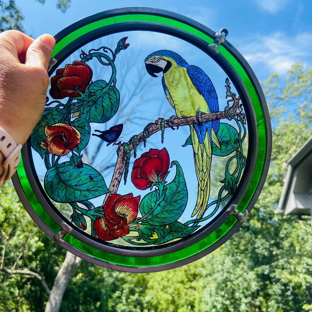 Vintage Stained Glass Parrot Butterfly Flowers Sun Catcher 10" Round Hanging